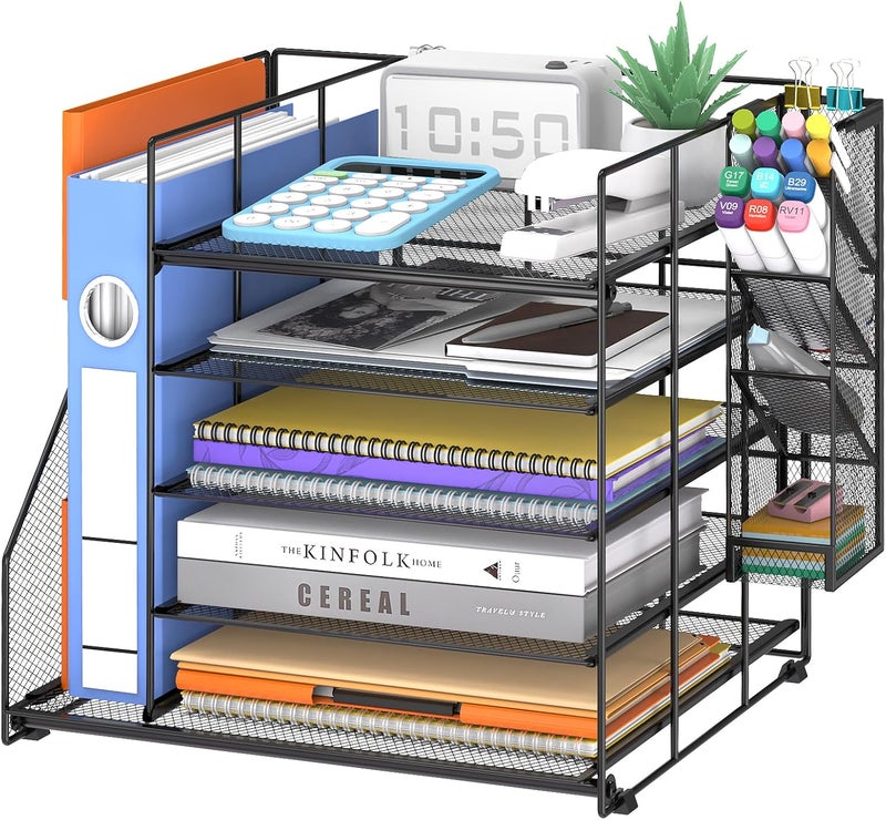 ReePlan 5-Tier Paper Organizer + File Holder + 4 Pen Holders, Desk Organizer Paper Letter Tray for Home, Office and School Supplies, Black - Image 1